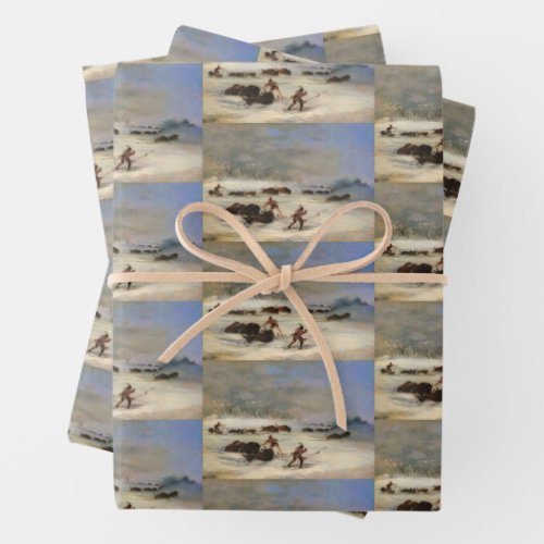 Sioux Indians on Snowshoes Lancing Buffalo  Wrapping Paper Sheets