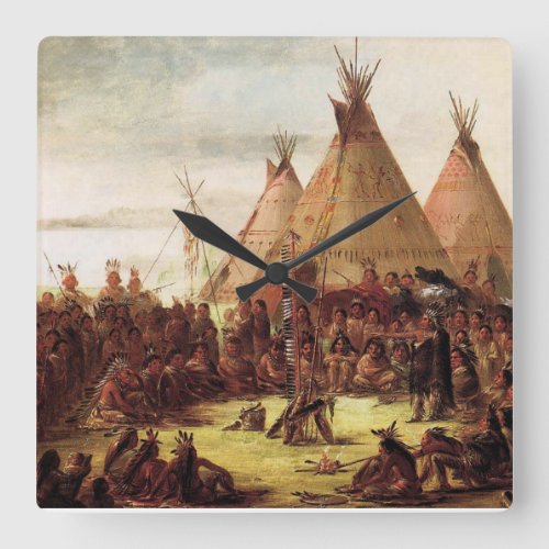 Sioux War Council George Catlin Circa 1850 Square Wall Clock