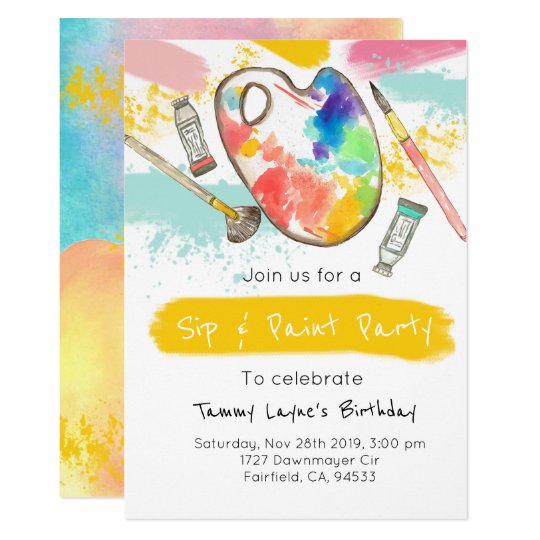 Sip and paint adult birthday party invite