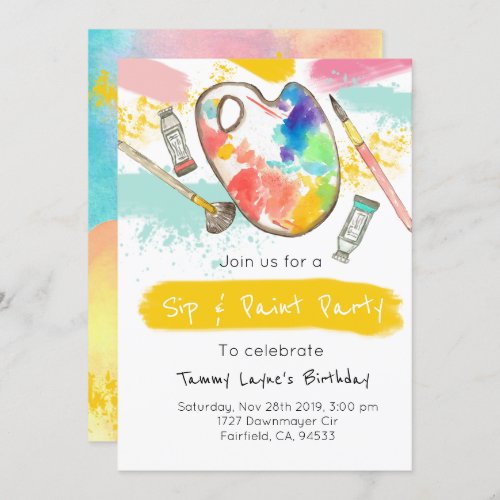 Sip and paint adult birthday party invite