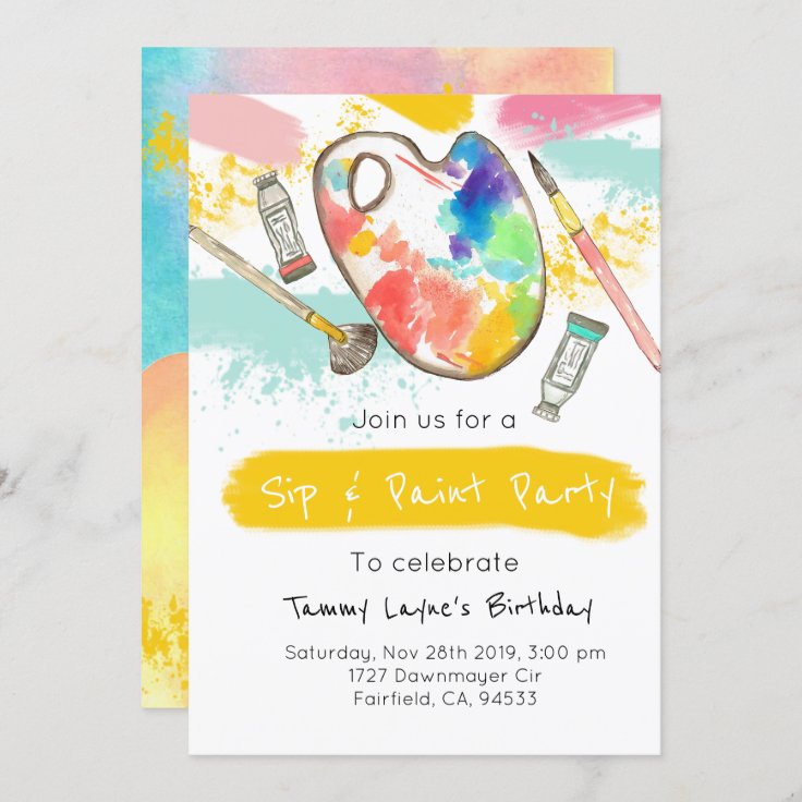 Sip and paint adult birthday party invite Zazzle