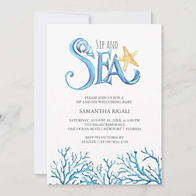 Sip and Sea Invitations Watercolor Ocean Theme (Front)