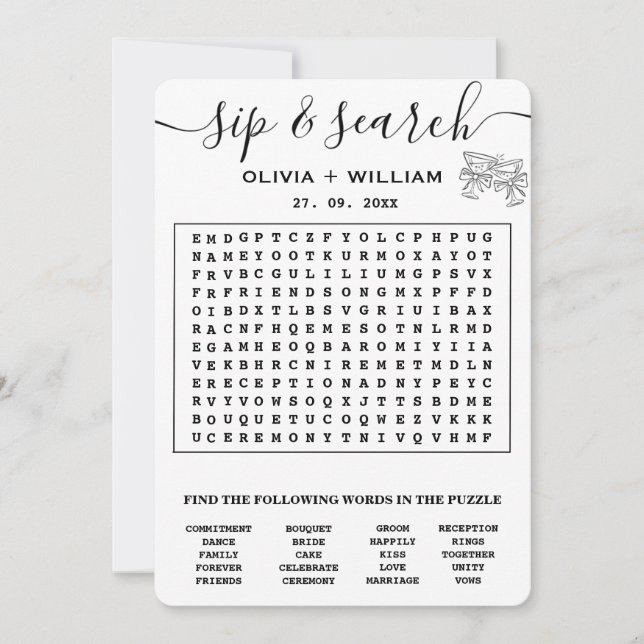 Sip and Search Custom Word Wedding Search Puzzle Invitation (Front)