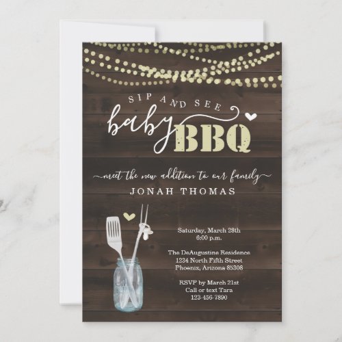 Sip and See Baby BBQ Invitation - Baby Q Barbeque - A cute pacifier hanging from BBQ utensils in a mason jar depicting your wonderfully rustic "Sip and See Baby BBQ" celebration.