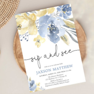 Sip and See baby boy, dusty blue yellow floral Invitation