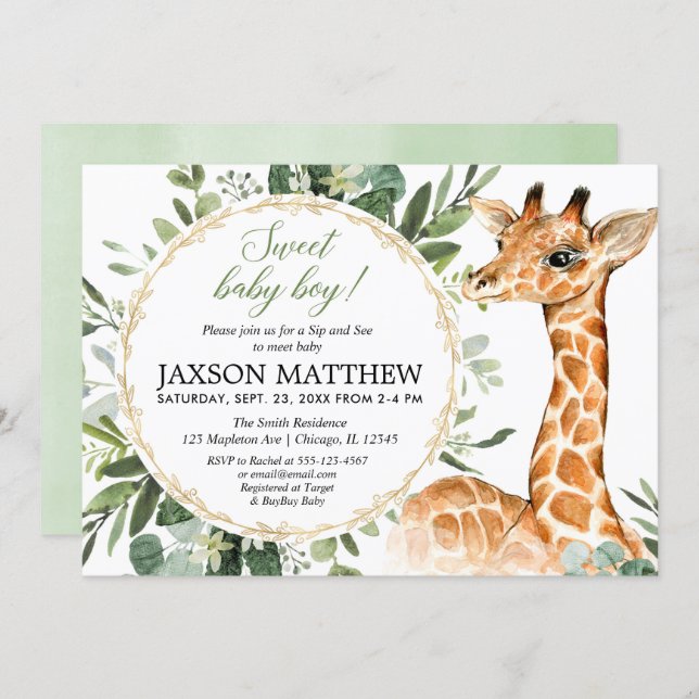 Sip and See Baby boy, giraffe baby shower Invitation (Front/Back)