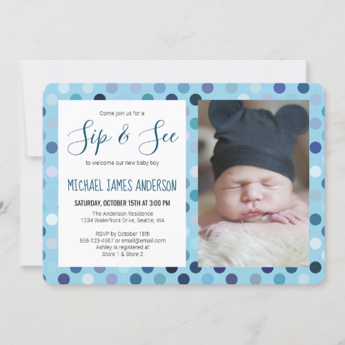 Sip and See Baby Boy Photo Blue Polka Dot Invitation