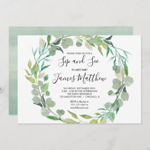 Sip and See baby boy shower invitations, greenery Invitation