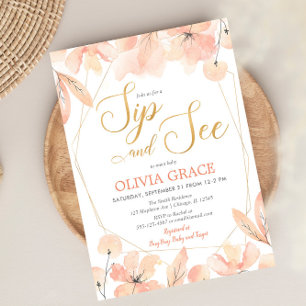 Sip and See baby girl, blush pink gold elegant Invitation