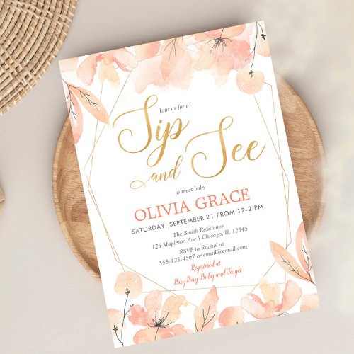 Sip and See baby girl blush pink gold elegant Invitation