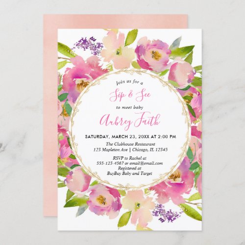 Sip and See baby girl blush pink pastel floral Invitation