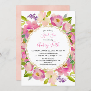 Sip and See baby girl blush pink pastel floral Invitation