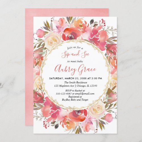 Sip and See Baby Girl Coral pink floral watercolor Invitation