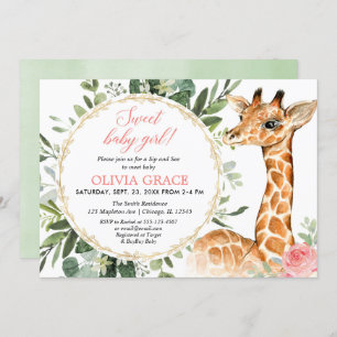 Sip and See Baby girl, giraffe baby shower Invitation