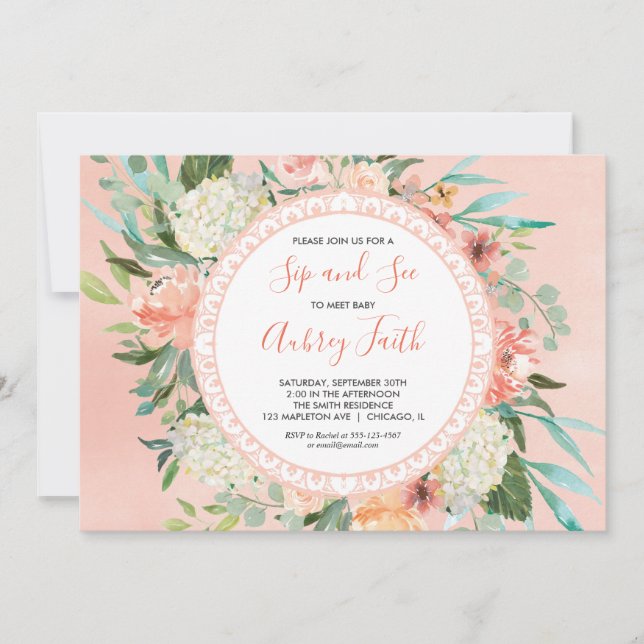 Sip and see baby girl invitations, meet and greet invitation (Front)