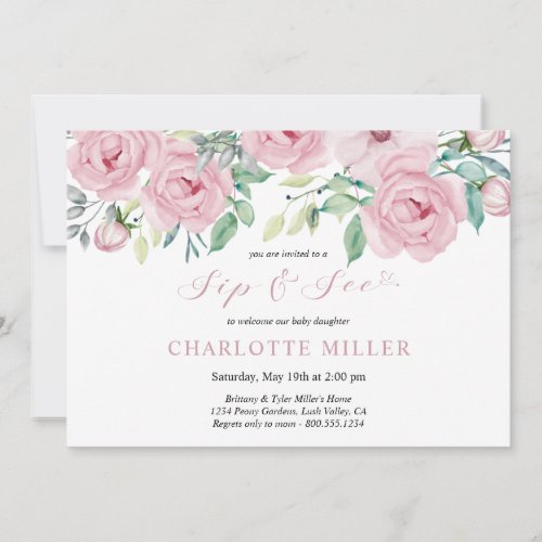 Sip and See Baby Girl Photo Pink Watercolor Floral Invitation