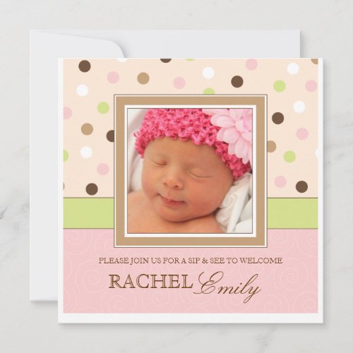 Sip and See Baby Girl Photo PolkaDot Invitation