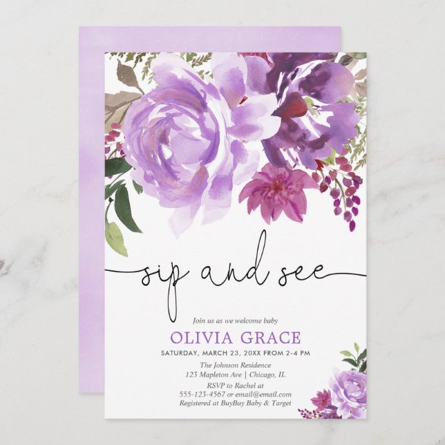 Sip and See baby girl, purple lavender floral Invitation (Front/Back)