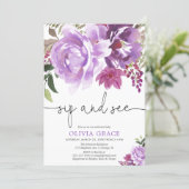 Sip and See baby girl, purple lavender floral Invitation (Standing Front)