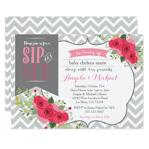 Sip And See Baby Girl Shower Invitation Pink