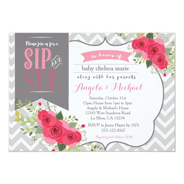 Sip And See Baby Girl Shower Invitation Pink
