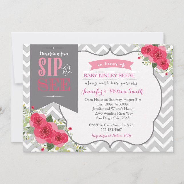 Sip and See Baby Girl Shower Invitation Pink (Front)