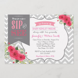 Sip and See Baby Girl Shower Invitation Pink