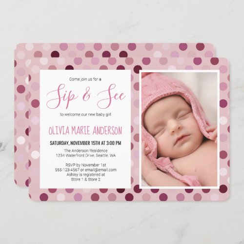 Sip and See Baby Girl Shower Photo Pink Polka Dot Invitation