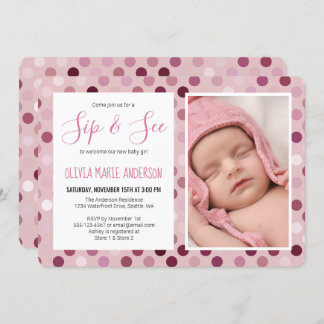 Sip and See Baby Girl Shower Photo Pink Polka Dot Invitation