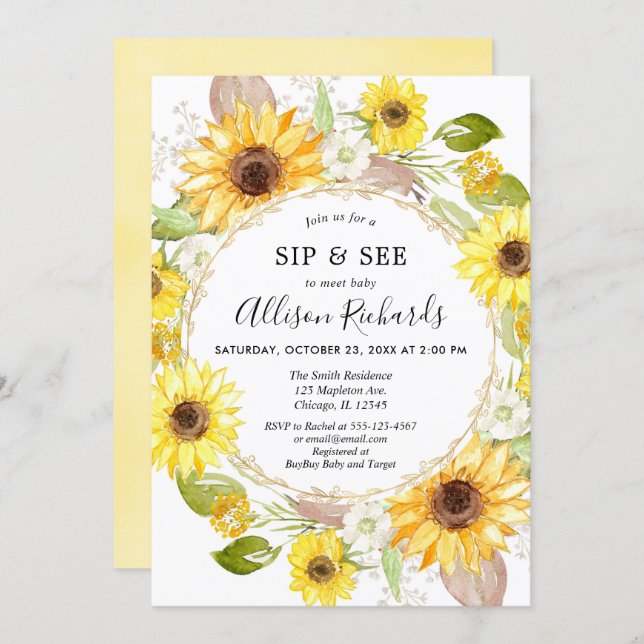 Sip and See Baby girl Sunflower yellow baby shower Invitation (Front/Back)