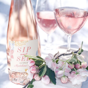 Sip and See Baby Shower Decor Modern Floral Sparkling Wine Label