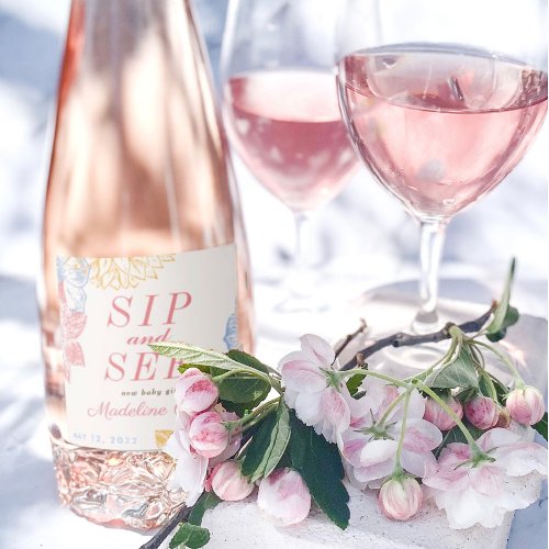 Sip and See Baby Shower Decor Modern Floral Sparkling Wine Label