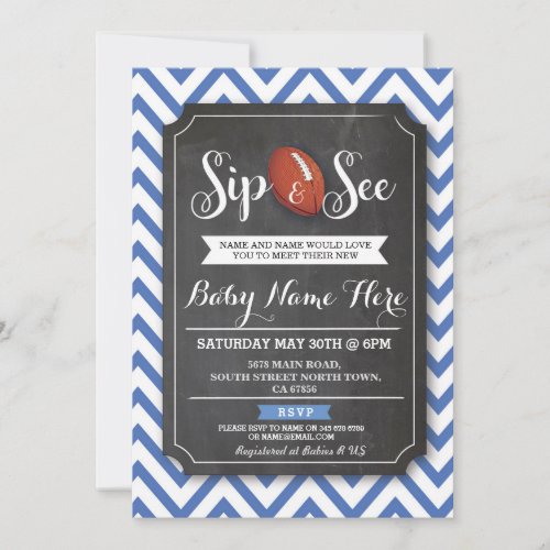 Sip and See Baby Shower Football Rugby Blue Boy Invitation