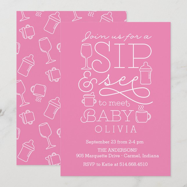 Sip and See Baby Shower Invitations Girl (Front/Back)