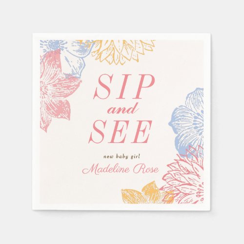 Sip and See Baby Shower Label Modern Floral Napkins