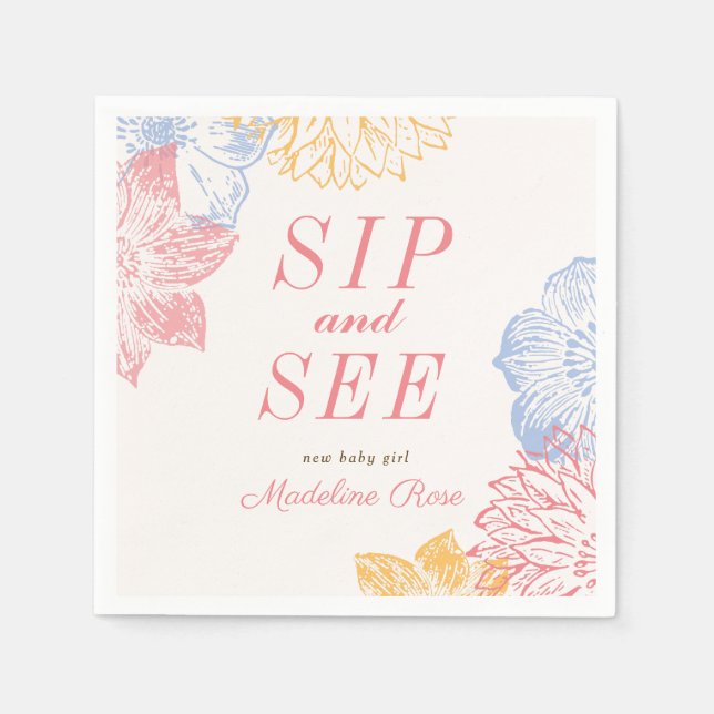 Sip and See Baby Shower Label Modern Floral Napkins (Front)
