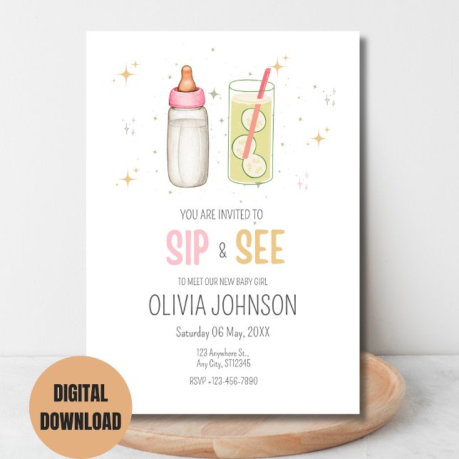 Sip And See Baby Shower Pink Girl Baby Party Invitation (Creator Uploaded)