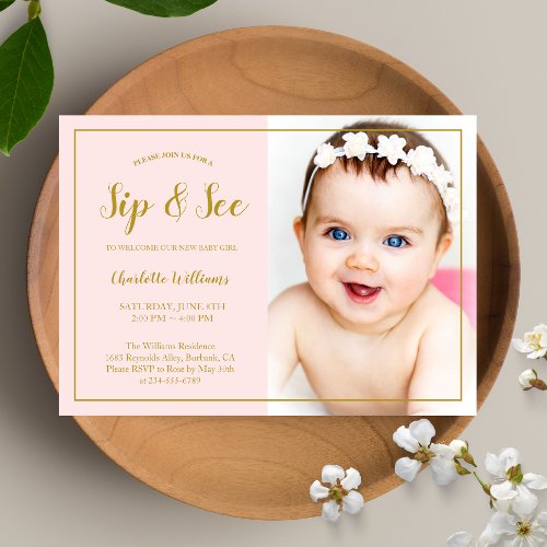 Sip and See Baby Shower Pink Gold Glitter Photo Invitation