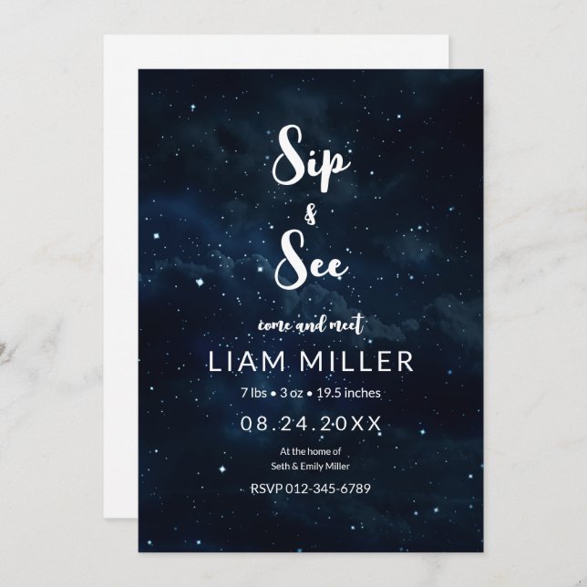 Sip and See Baby Shower, Starry Night Minimalist  Invitation (Front/Back)