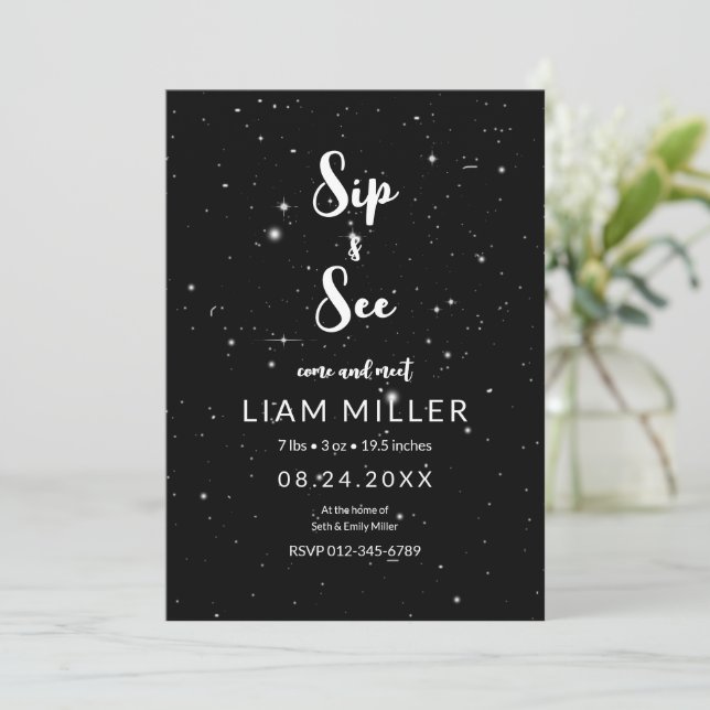 Sip and See Baby Shower, StarryNight Minimalist  Invitation (Standing Front)