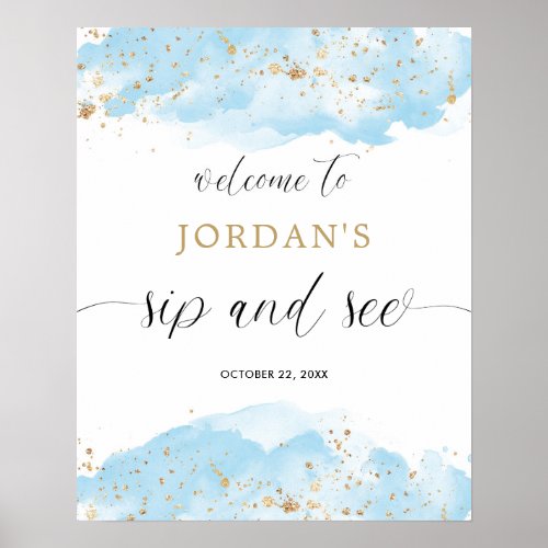 Sip and See Blue gold watercolor welcome sign