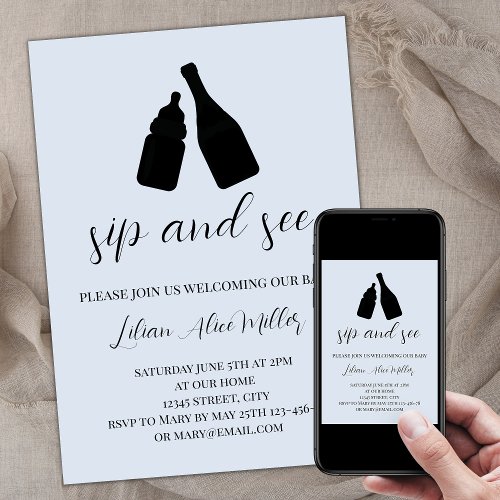 Sip And See Blue Minimalist Baby Shower Invitation
