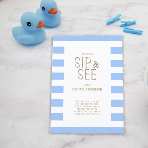 Sip and See Blue Striped Baby Boy Invitation Postcard