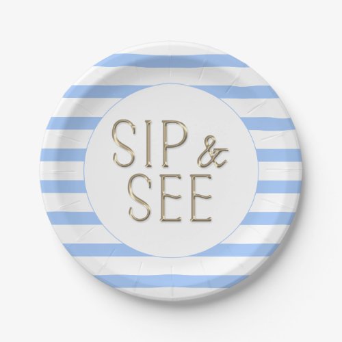 Sip and See  Blue White Striped Baby Shower  Paper Plates