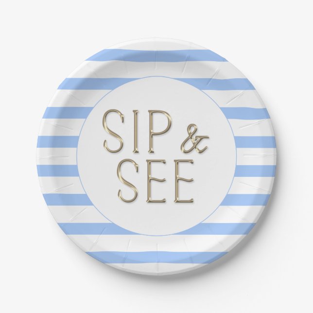 Sip and See  Blue White Striped Baby Shower  Paper Plates (Front)