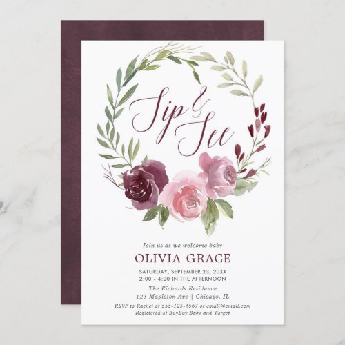Sip and See burgundy blush girl floral watercolors Invitation