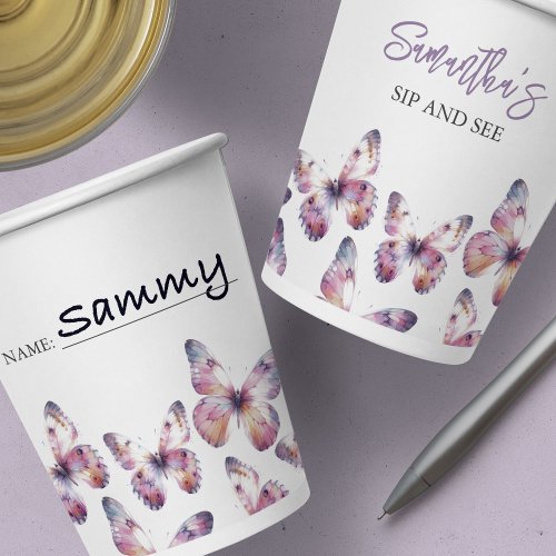 Sip and See Butterfly Theme Purple Custom Paper Cups