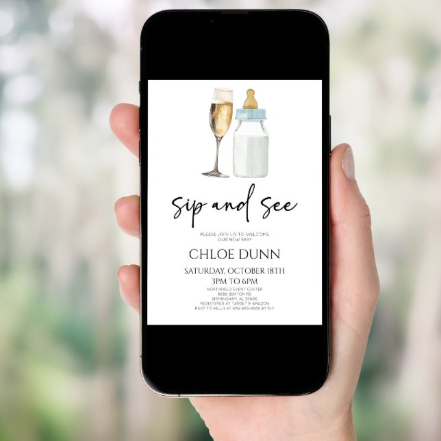Sip and See Champagne Baby Bottle Baby Shower Invitation (Front Digital)