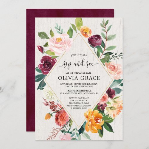 Sip and see fall floral rustic autumn watercolor invitation