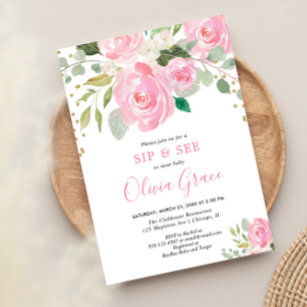 Sip and see floral watercolors blush pink roses invitation